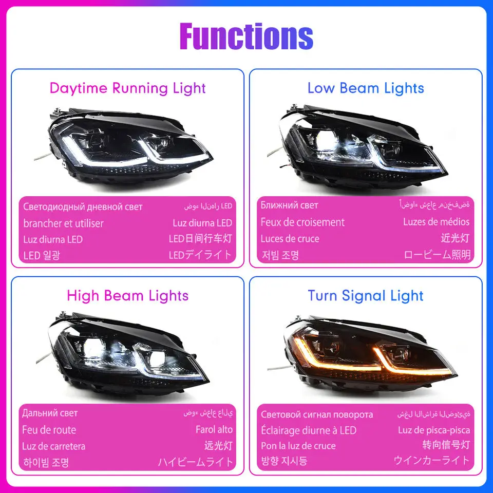 For VW GOLF 7 7.5 2014-2017 Car LED Headlight Auto Head lamp Reverse Brake Fog Front lights DRL Plug and Play IP67 2pcs/Set