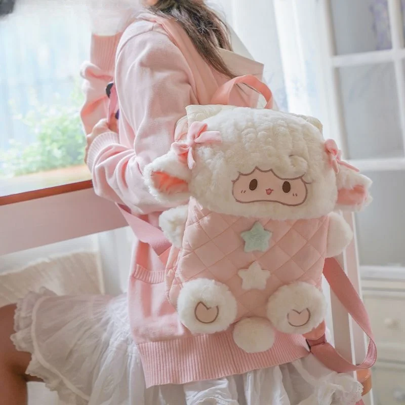 กระเป๋าเป้ JIAERDI ลายแกะน่ารัก สไตล์การ์ตูน ขนปุย จุของได้เยอะ เหมาะสำหรับนักเรียน ผู้หญิง สไตล์โลลิต้า พร้อมโบว์ ใช้ได้ทุกวัน