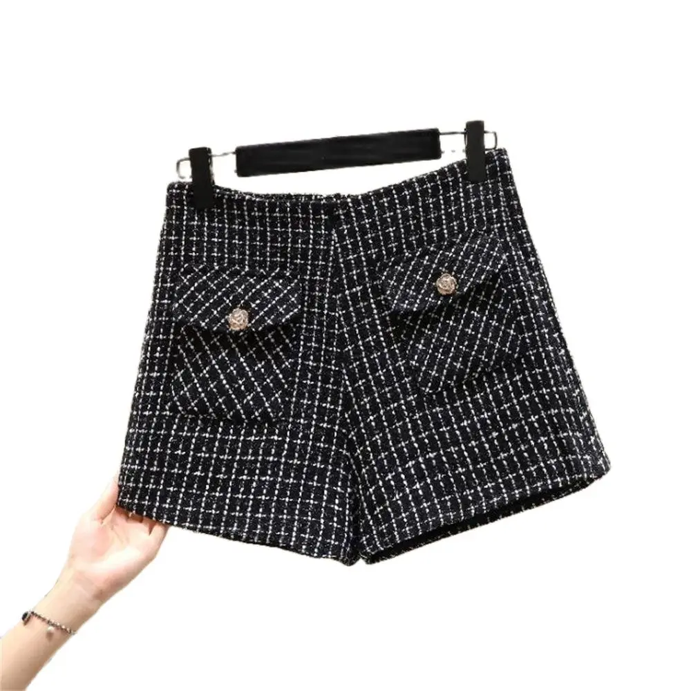 Women's High Waist Tweed Shorts Casual Loose Pants Ladies Fashion Slim Button Short Pants All-Match Boot Trousers Spring Autumn