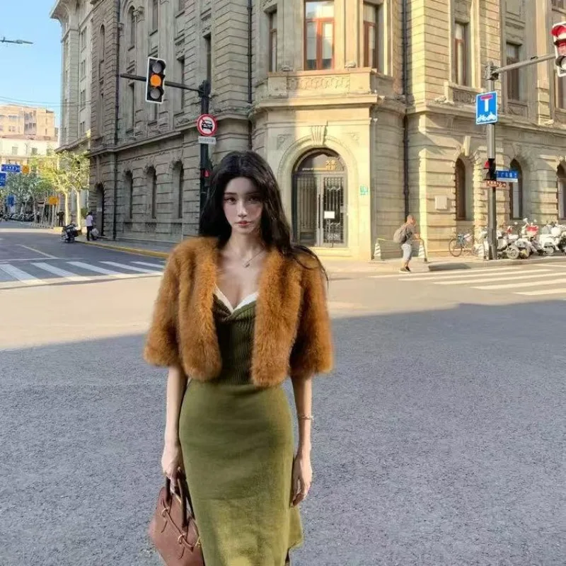 

Brown Furry Jacket Fluffy Cardigans Half Sleeves Loose Short Faux Fur Jacket Elegant Luxury Fancy Women‘s Plush Coat Faux Rabbit