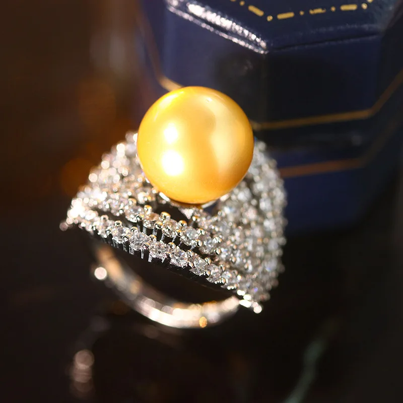 Tiktok Live Broadcast Hollow Out Zircon Pearl Ring Net Red Tahiti Deep Sea Shell Bead Ring with Diamond Hollow Support Ring