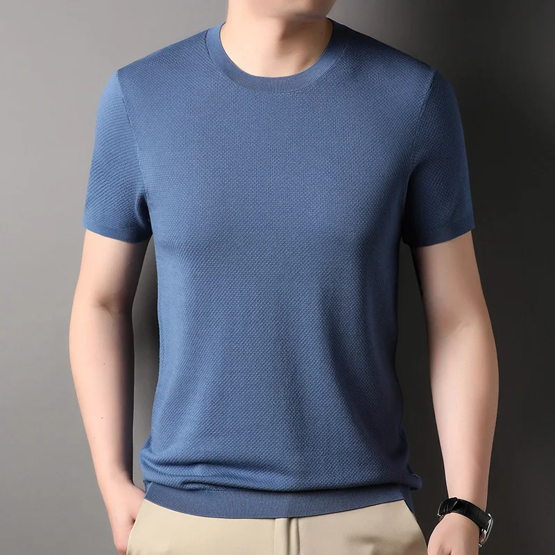 High Brand Men's Mulberry Silk Knit Tops 2024 Summer Casual O-Neck Lyocell Cotton Knitwear Short Sleeve Tee Shirts