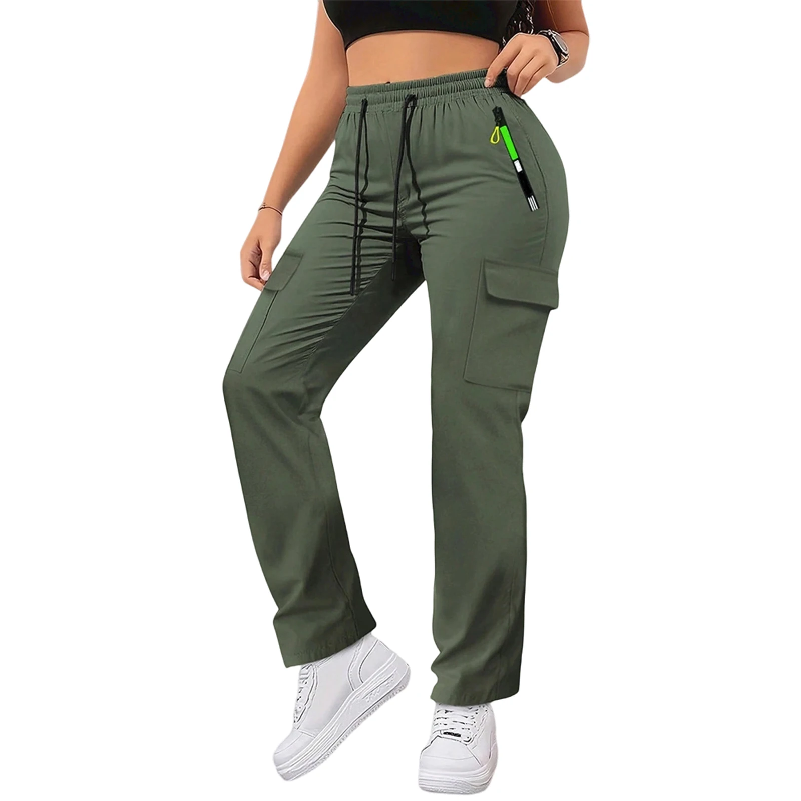 Ladies' Pocket Drawstring Work Pants,Fashion Casual Cargo Pants Solid Color Multi-pocket Straight-leg Pants Athletic Pants