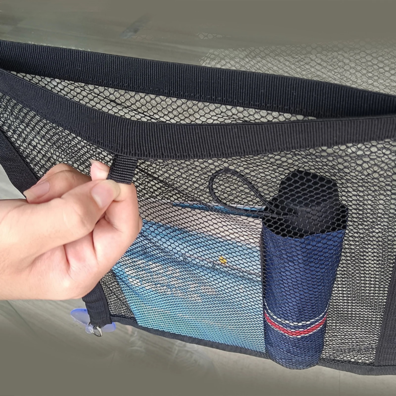 

Suction Cup Car Organizer Hanging Bag Windows Car Net Pocket Storage Bag Roof Luggage Net Storage Net Car Interior Accessories