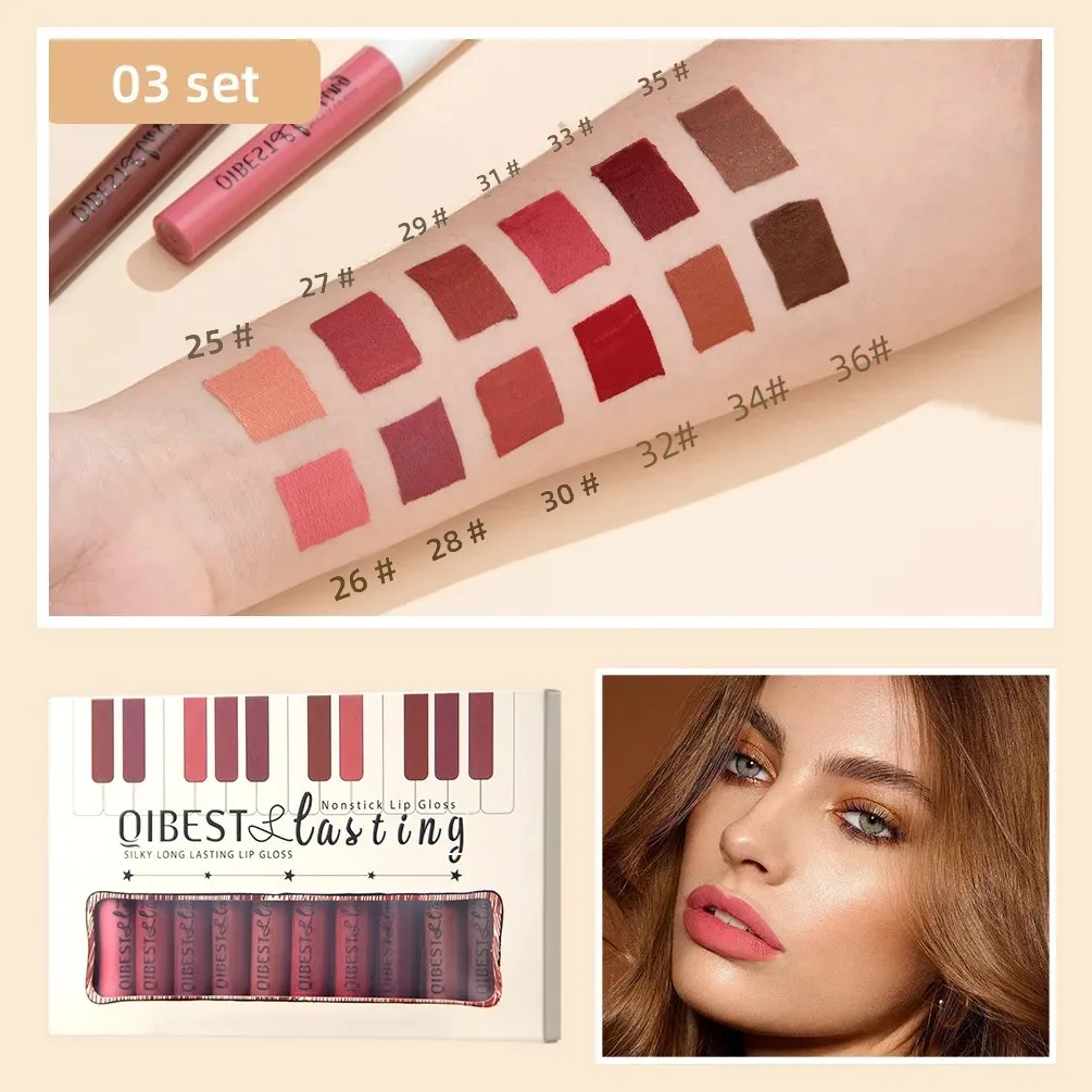 Waterproof Non-Stick Cup Matte Liquid Lipstick Set 12 Colors Long-Lasting Glossy Sexy Red White Black Nude Lip Gloss Makeup Kit
