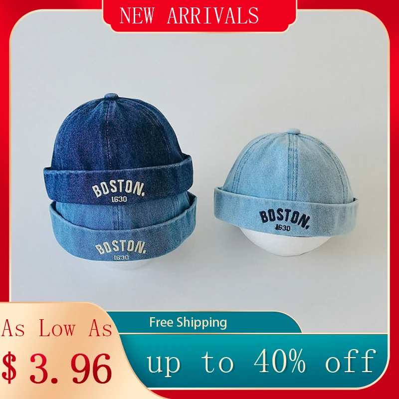 Washed Denim Baby Brimless Hat Retro Letter Embroidered Melon Cap for Infant Boy Girl Summer Adjustable Kids Docker Caps