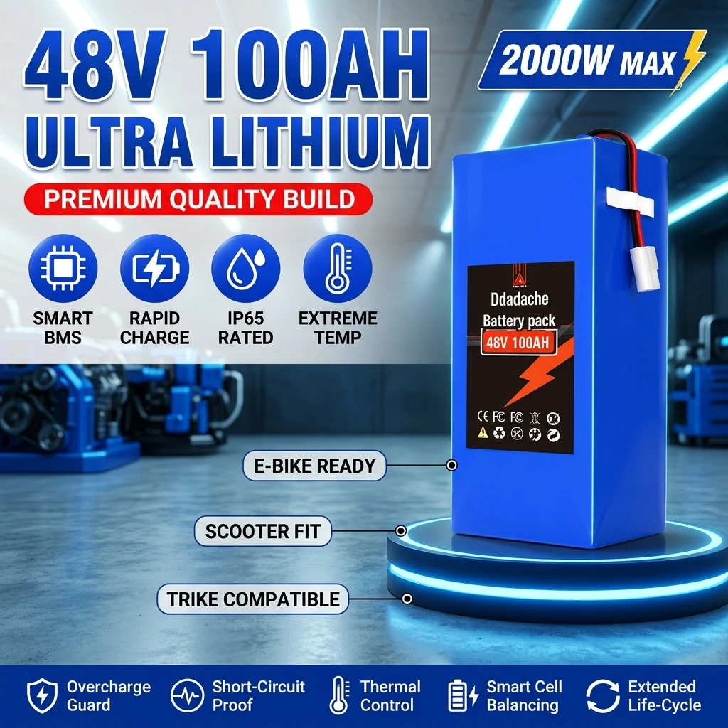 48V Elektroroller Wiederaufladbarer Lithium-Ionen-Akku 13S5P 100Ah 18650 Klasse A Zellen, 500W-2000W Motor mit BMS Hohe Kapazität, Lange Lebensdauer, Sicher und Langlebig