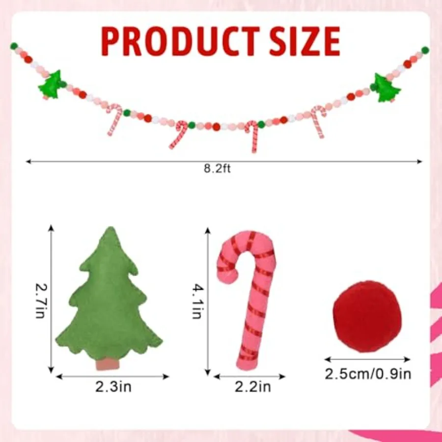 Whaline 8.2Ft عيد الميلاد بوهو ورأى راية شجرة عيد الميلاد قصب الحلوى بوم بوم الكرة PreStrung راية الوردي معلقة جارلاند حلية ل H