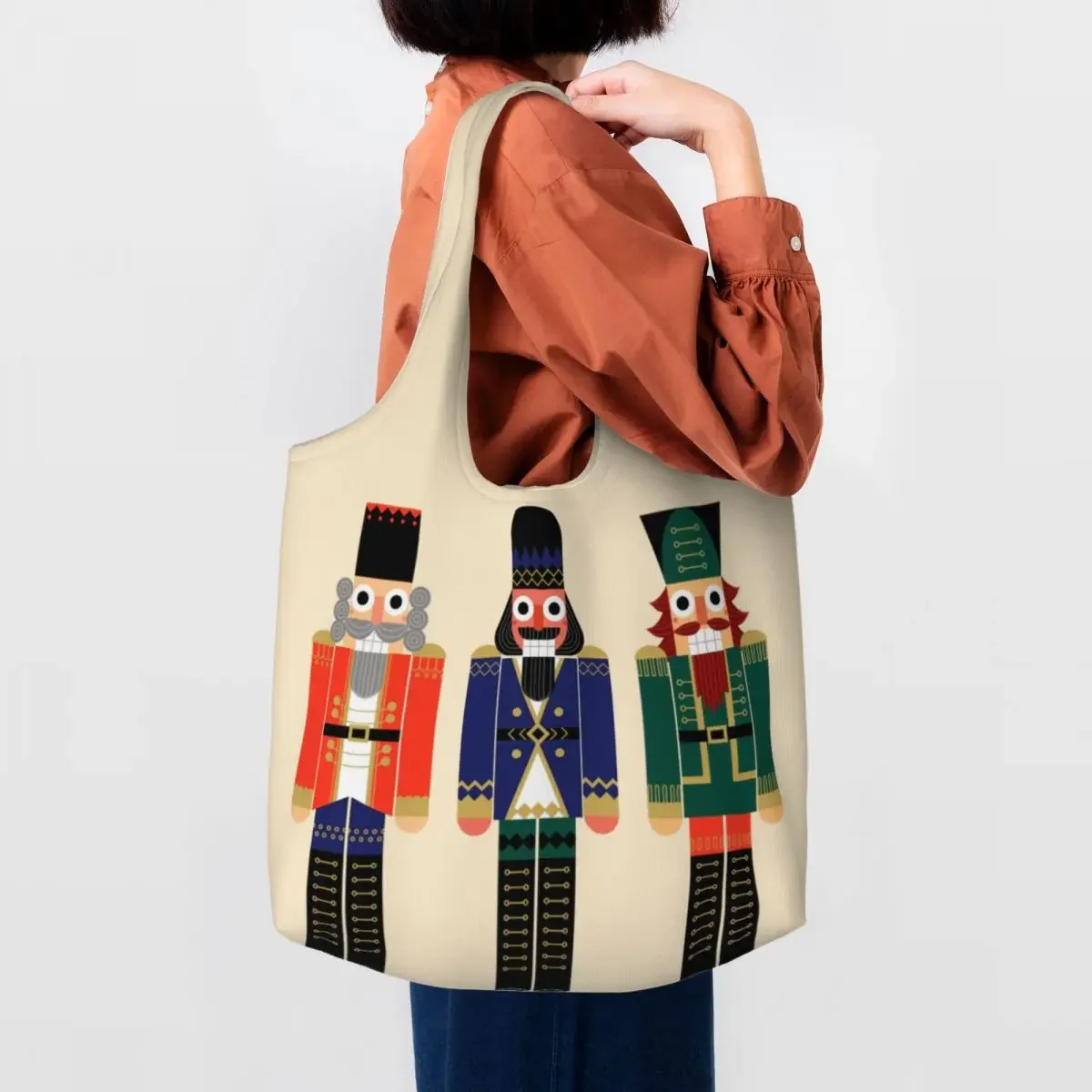 Reusable Cartoon Toy Soldier Christmas Nutcracker Shopping Bag Women Canvas Shoulder Tote Bag Washable Grocery Shopper Bags Gift