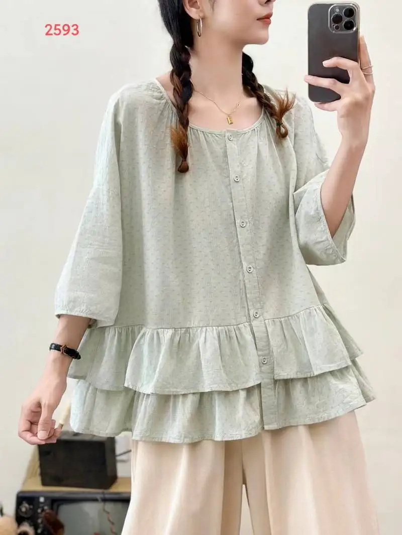 

[Готовый запас] Высококачественная женская блузка из 100% хлопка, рубашка в горошек с принтом и оборками, свободный кардиган, милые уютные рубашки с короткими рукавами