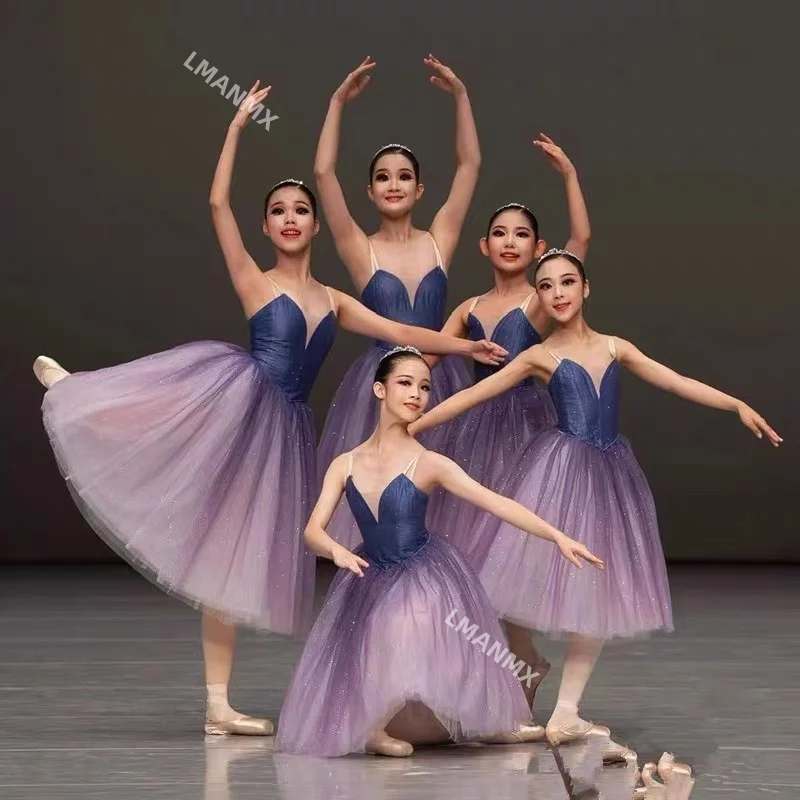 Professional Adult Ballet Tutu Dress Purple Dance Performance Long Veil Competition Costumes Women Girl Sequin Ballet Skirt