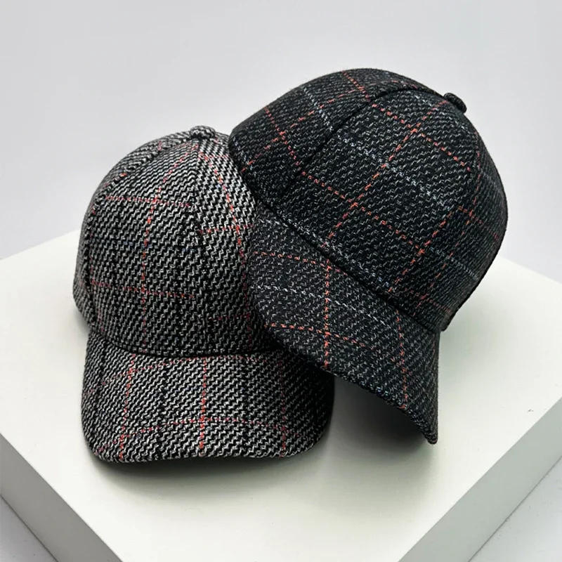 Autumn and Winter New Men Women Warm Woolen Cloth Versatile Baseball Caps Cotton Fashion Casual Retro Check British Style Trend