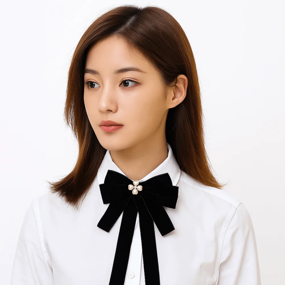 الفاخرة المخملية الشريط الأسود دبوس الراين اللؤلؤ الأسود القوس ربطة العنق متعدد الطبقات الخرز الشريط شارة بروش الأطراف