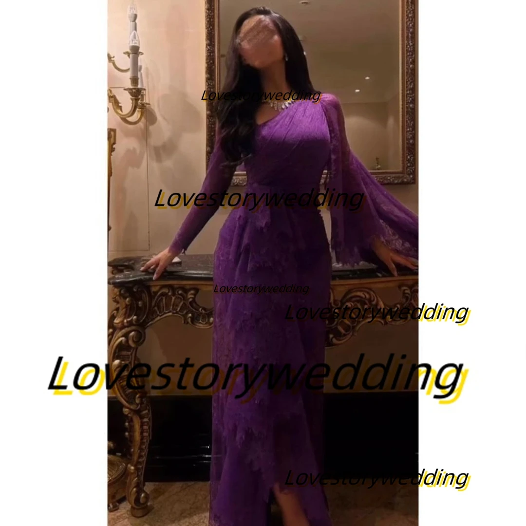 Customized Purple Lace Prom Dresses Celebrity Women Wear Long Sleeves Flutters Evening Party Wedding Guests Special Party