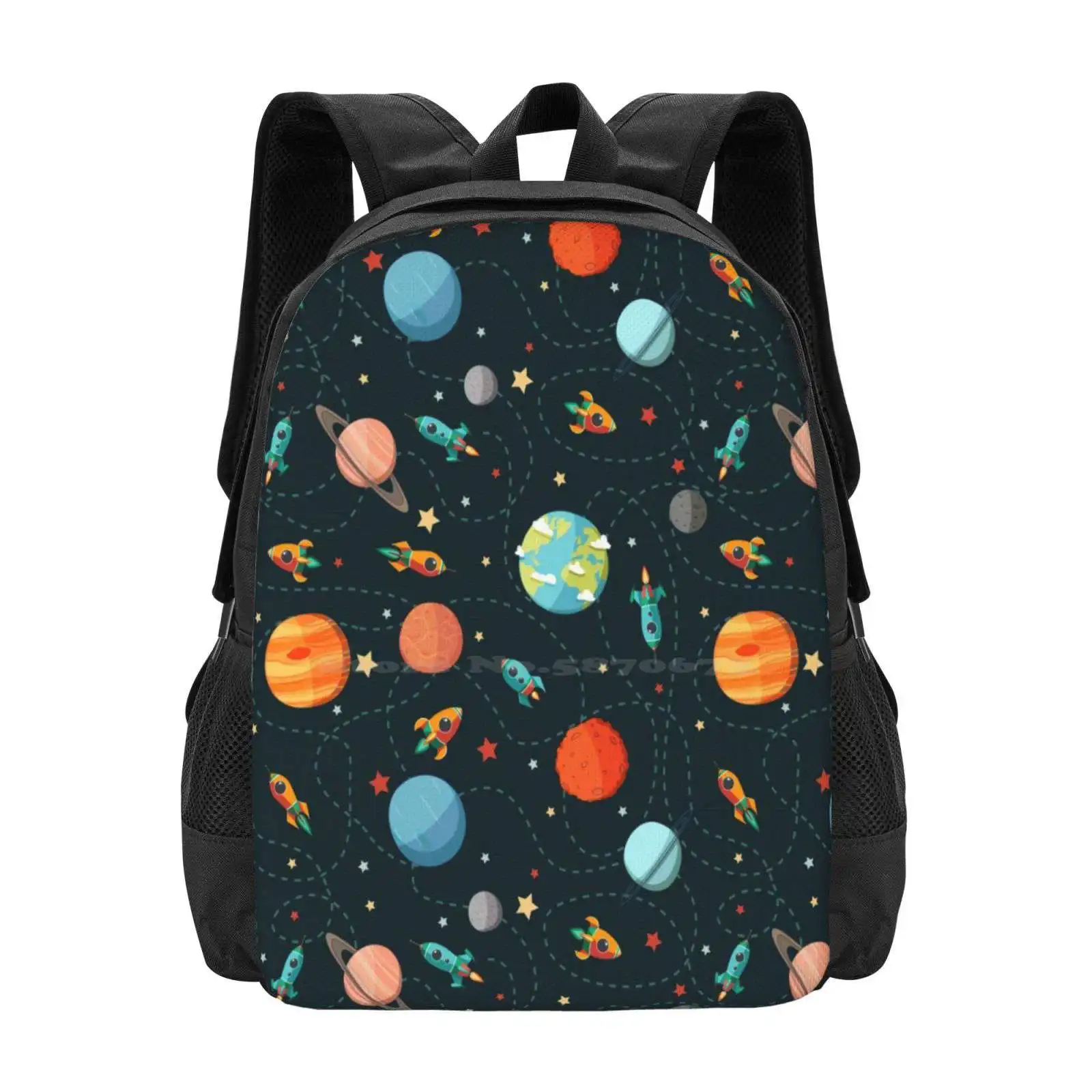 Space Adventure Teen College Student Backpack Pattern Design Bags Planet Cartoon Pattern Vector Earth Rocket Astronaut Cute