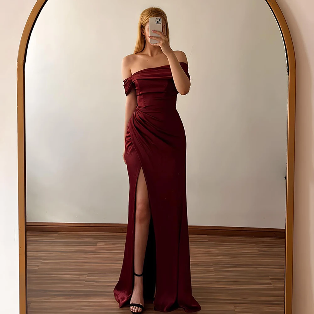 

Elegant Bridesmaid Dress Burgundy Off the Shoulder Mermaid Bridesmaid Gowns Long Side Slit Satin Trumpet Simple Evening Dresses