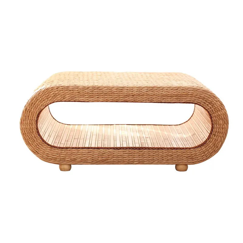 Rattan Low Tea Table, Oval Coffee Table for Window Sill & Tatami Room, Compact Space-Saving Side Table, Stylish Home Decor