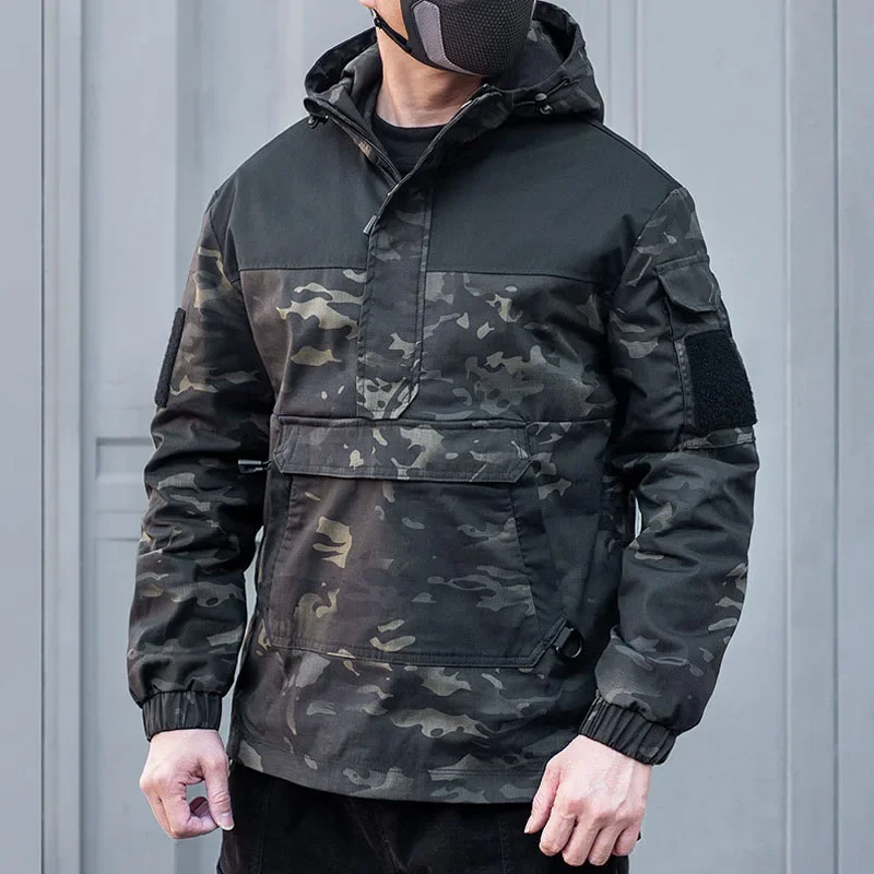 Spring and Autumn Men\'s Tactical Camouflage Hoodie Jacket Outdoor Commuter Multi Pocket Top Men\'s Casual Loose Hooded Sweatshirt