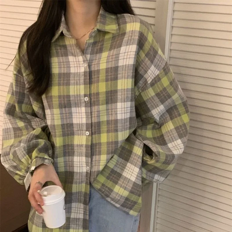 Plaid Shirt Women Fashion Loose Straight Single Breasted Pretty Style Blouses Casual Outwear Turn Down Collar Female Shirts