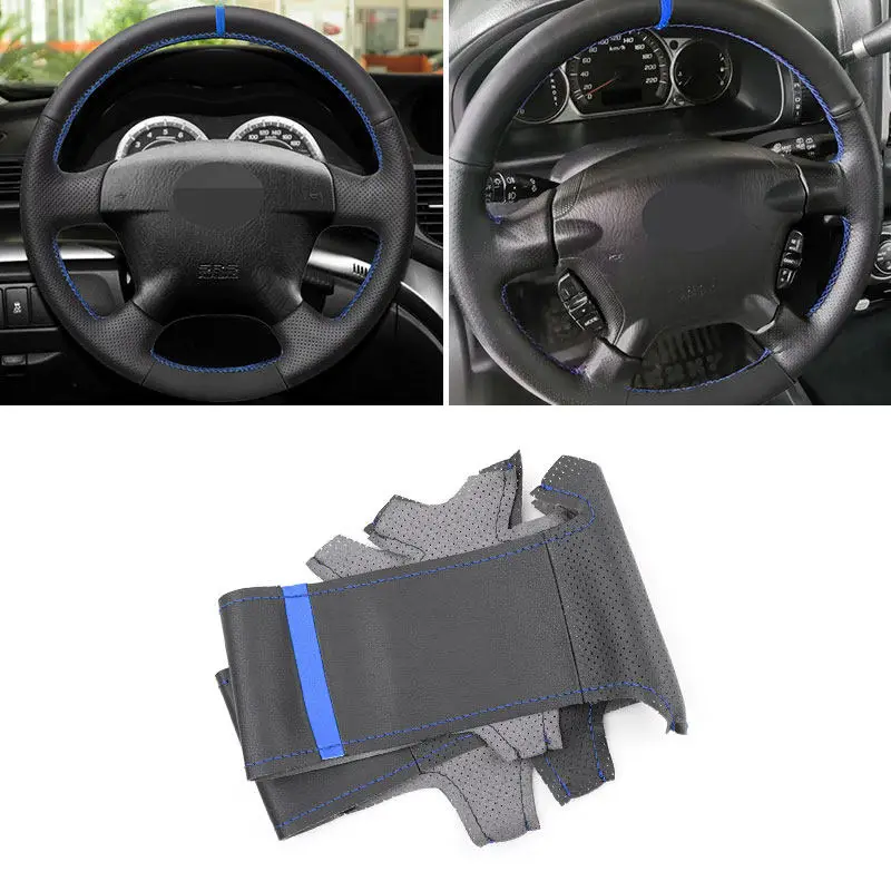 Car Interior Steering Wheel Cover Perforated Microfiber Leather Trim Blue Line Strip For Honda CR-V CRV 2002 2003 2004 2005 2006