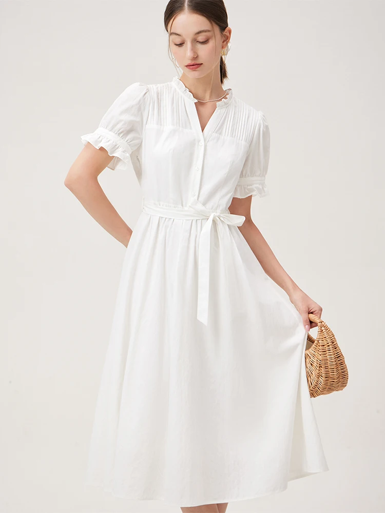 FSLE French Style V-neck Lotus Sleeve Summer Long White Dress 2024 Summer New Versatile Casual Classic Women Dress 24FS12470