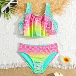 Girls Fish Scale Mermaid Bikini Swimsuit Kids Ombre Ruffle Two Piece Children's Swimwear 4-18 Years Teenagers Swim Bathing Suit