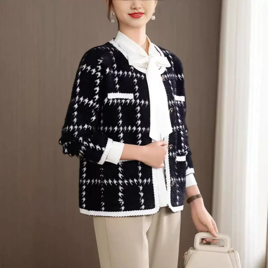 

Вязаный кардиган в стиле осень-зима, свободный крой, клетчатый свитер с длинными рукавами, высококачественный универсальный женский модный топ