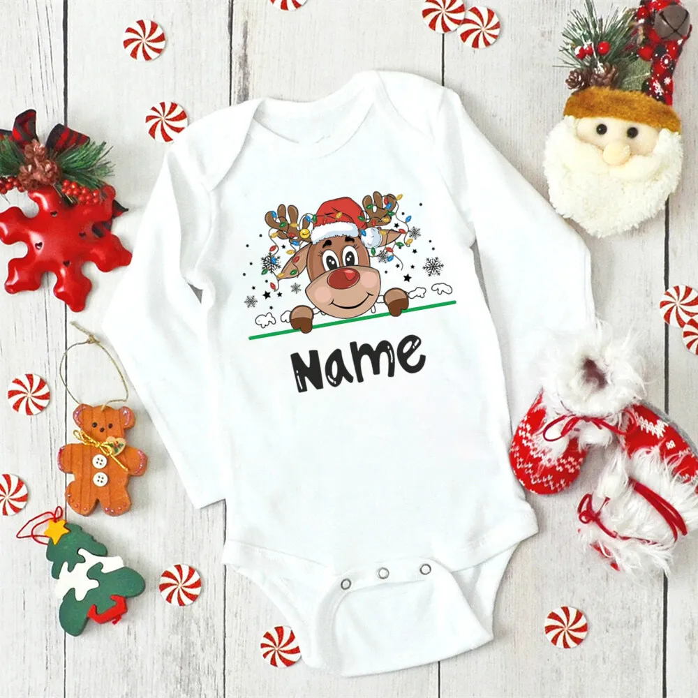 Personalized Deer with Name Baby Bodysuit Christmas Party Newborn Outfit Jumpsuit Toddler Romper Xmas Infant Long Sleeve Clothes