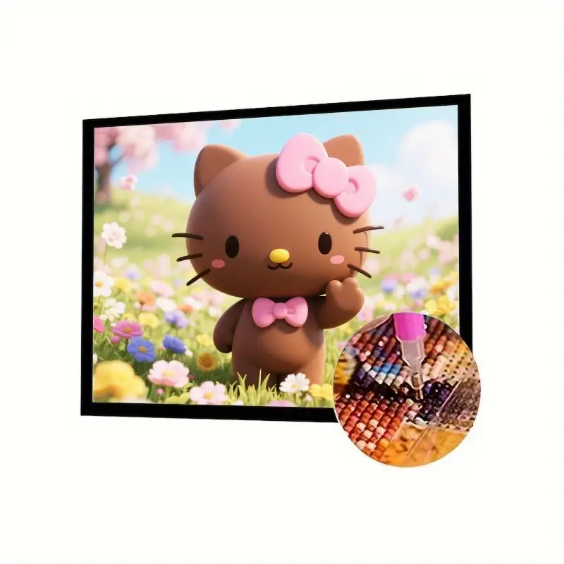 

1 шт. Набор для рисования 5D алмазов «сделай сам» — очаровательный коричневый персонаж «Hello Kitty» с розовым бантом и идиллическим весенним лугом, полная дрель