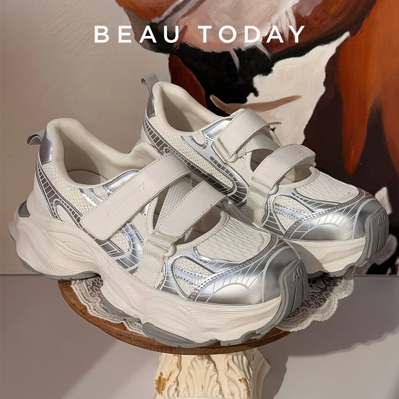 

BEAUTODAY Chunky Sneakers Women Synthetic Leather Round Toe Hook Loop Summer Breathable Outdoor Shoes for Ladies 29A18