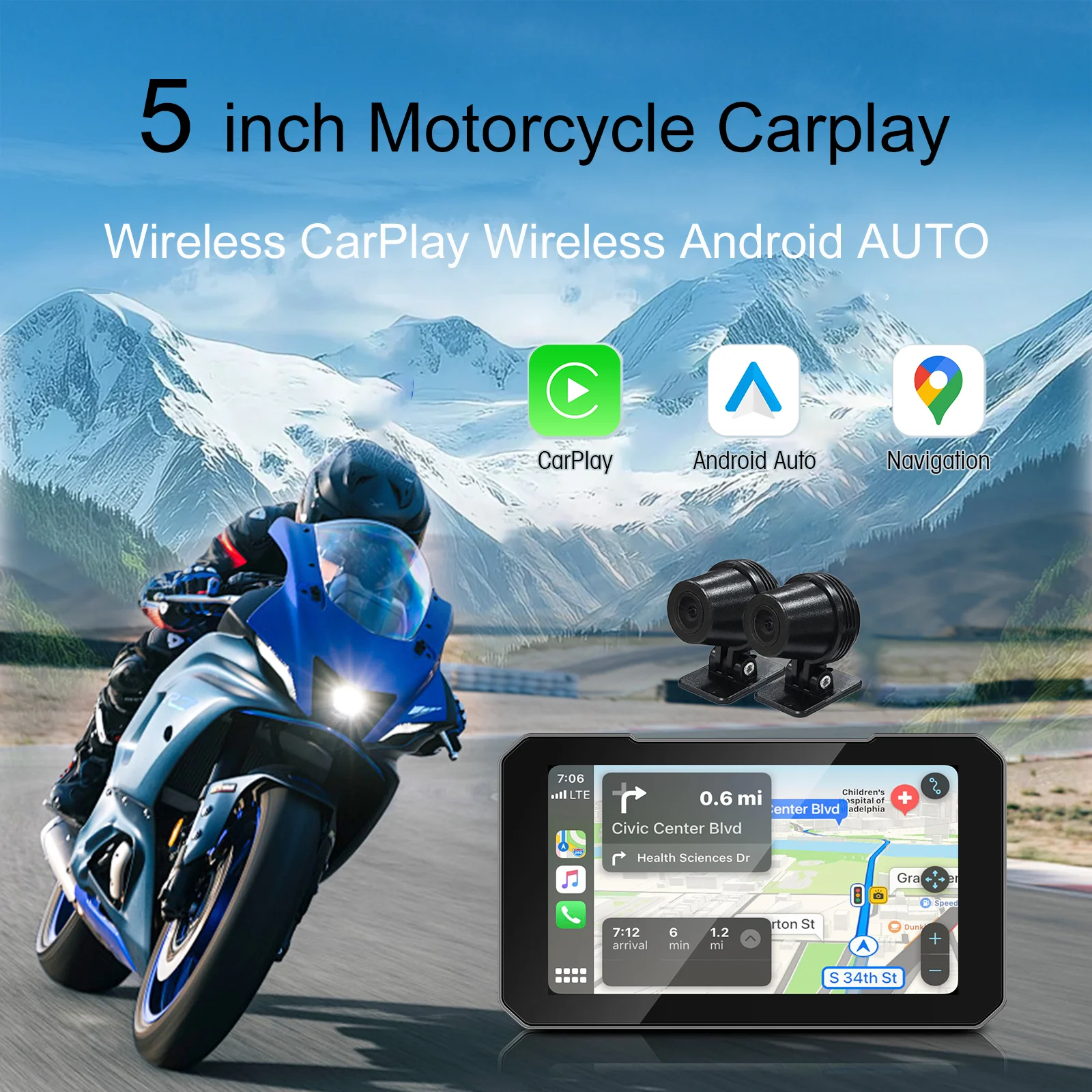 

Ezonetronics 5" Motorcycle Touch Screen, Wireless CarPlay & Android Auto, Support Dual Camera Recording, IP67 Waterproof, TPMS