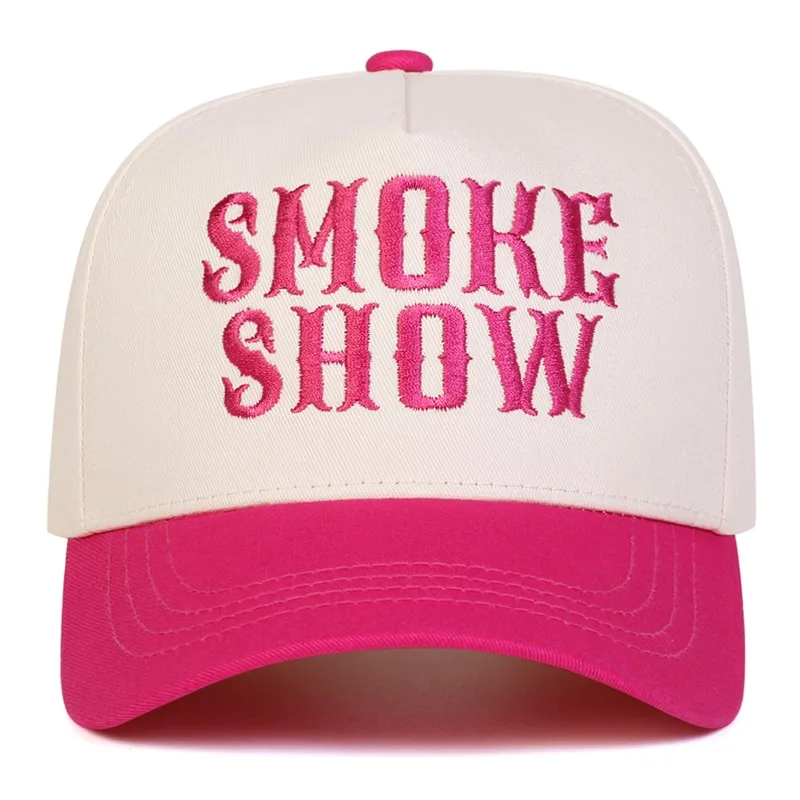 SMOKE SHOW Gothic Letter Embroidery Baseball Cap Two Tone Spliced Curved Brim Dad Hat Unisex Casual Outdoor Sun Protection Hat