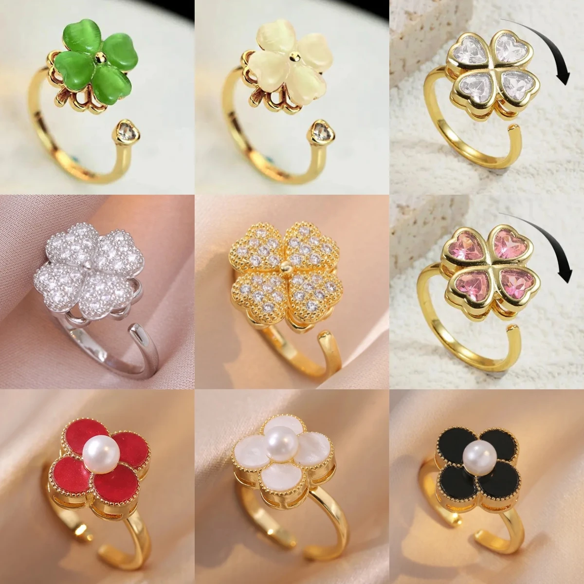1pcs new fashion rotating four-leaf zircon opening adjustable ring luxury niche design high-end sense of jewelry