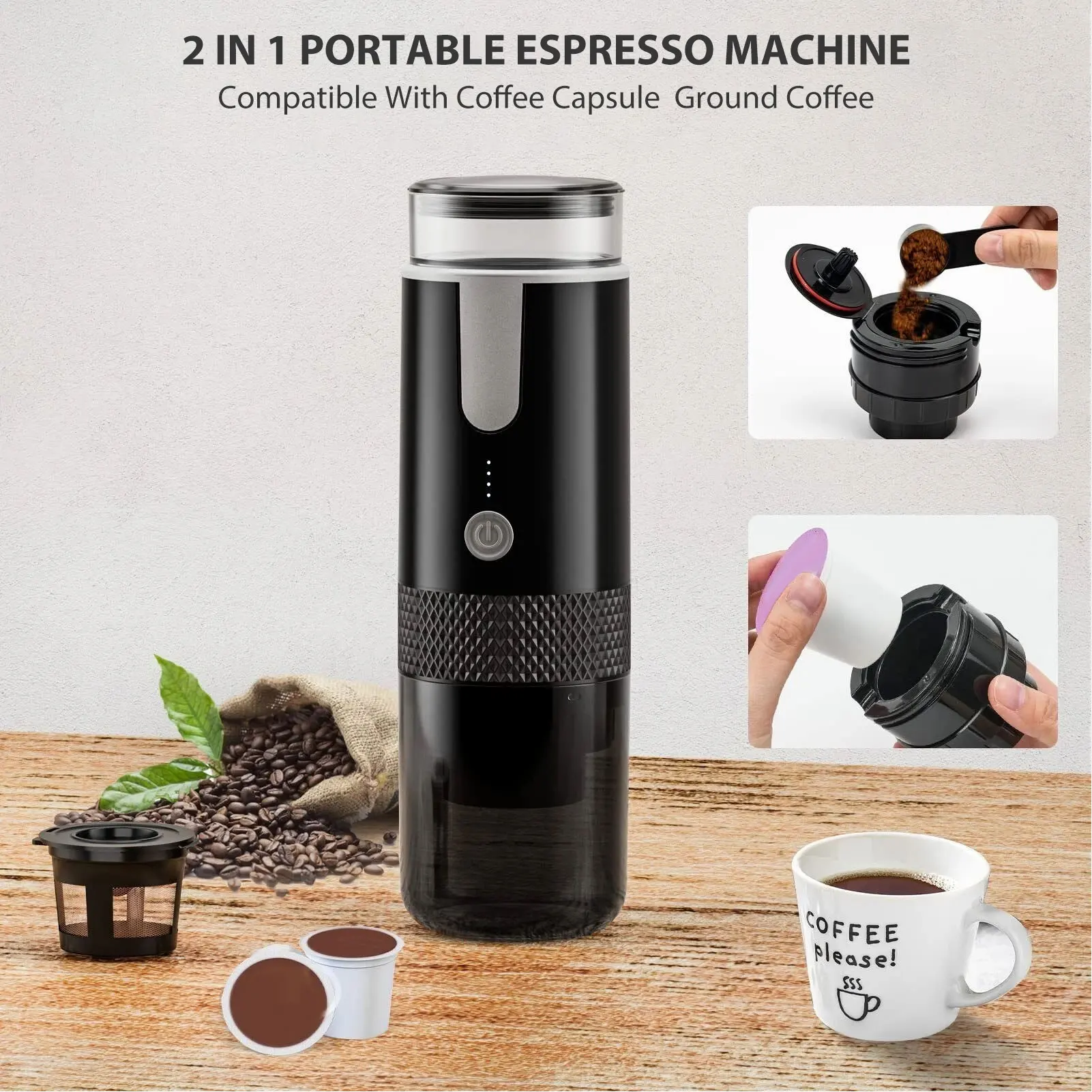 Handheld Portable Coffee Machine Compatible with K-Cup Capsules Ground Coffee Manually Operated Compact for Camping Hiking