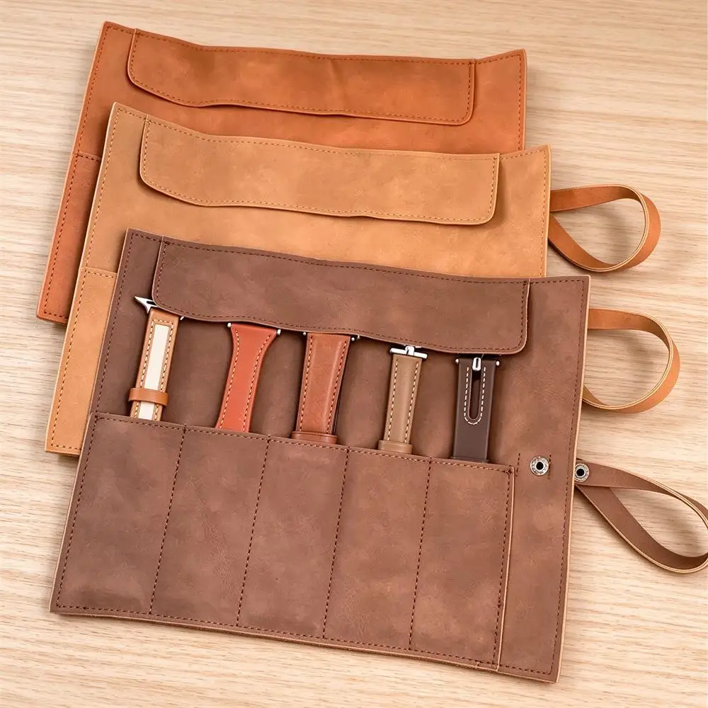 2026 Watch Band Roll Organizer 5 Slots, Full Grain Leather Handmade Travel Storage Case, Portable Watch Strap Holder Box for Wat