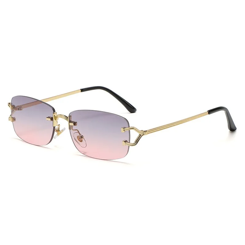 Square Diamond-Cut Sunglasses, Streamlined Metal Temples, Rimless Design, UV400 Protection, Trendy Shades, Outdoor Street Shoot