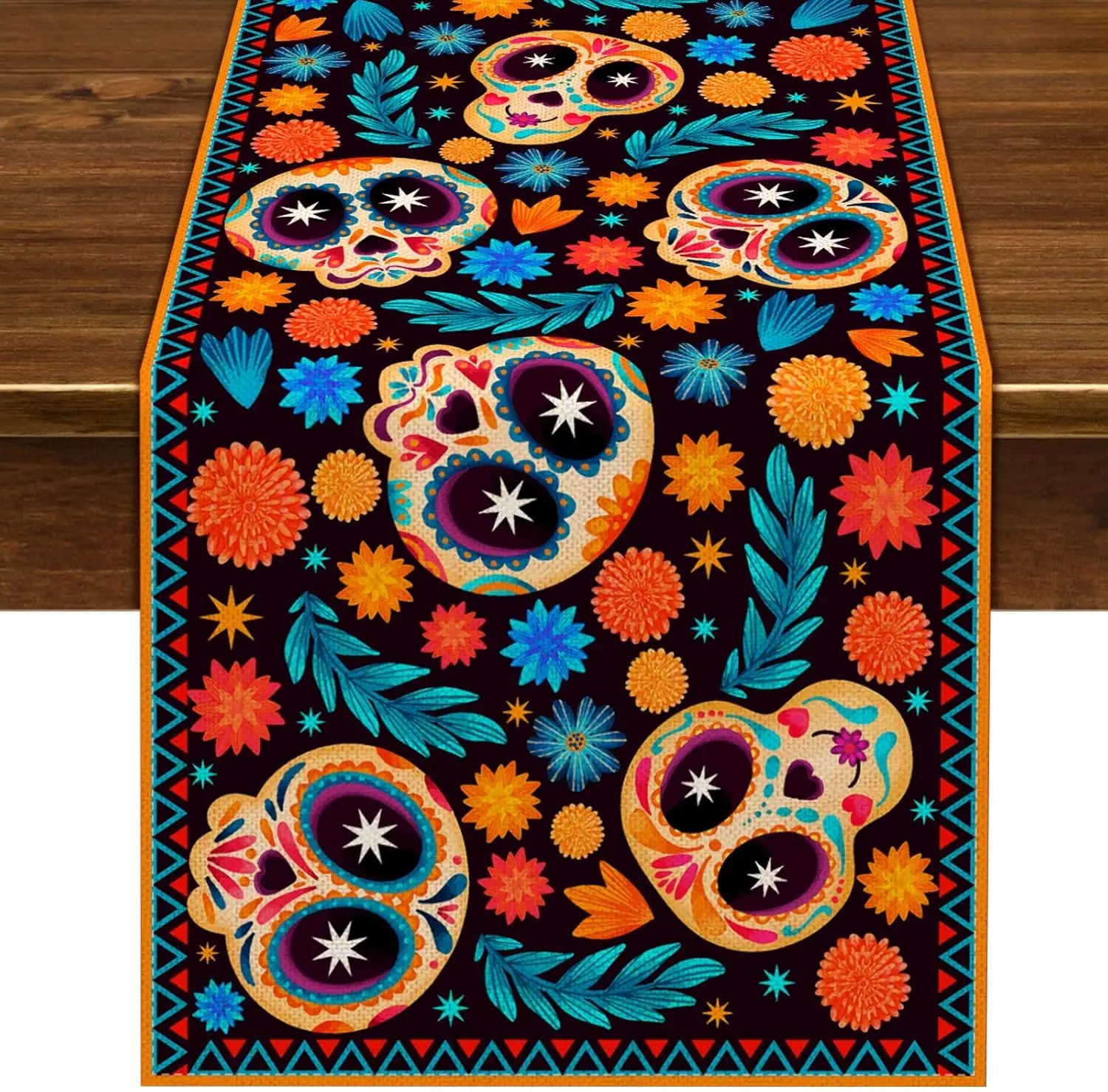 Mexican Day of The Dead Linen Table Runner Holiday Party Decor Reusable Dia De Los Muertos Table Runner Halloween Decorations