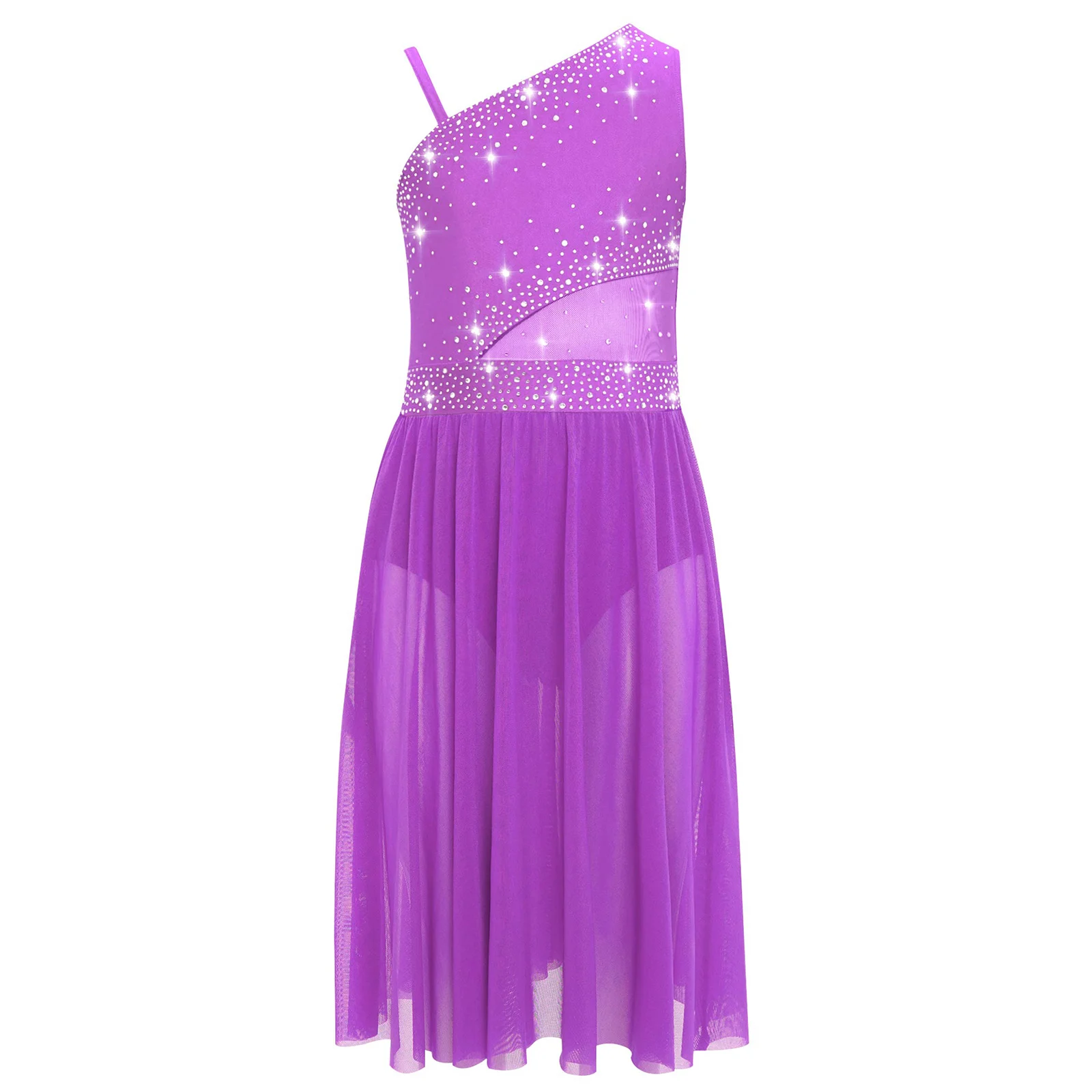 

Kids Girls Lyrical Dance Dresses Figure Skating Costume One Shoulder Sleeveless Mesh Splice Dress Gymnastics Ballet Dancewear