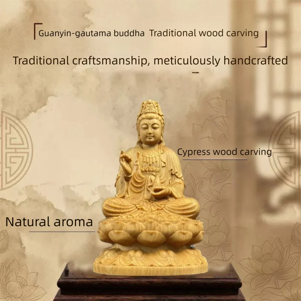 Cypress wood Goddess of Mercy - Tathagata Buddha Decorative small statue  Buddhist figures Home room, office desk car decoration