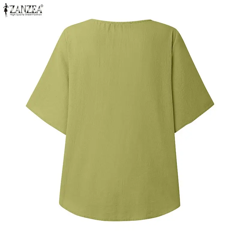 2026 ZANZEA Camicette di lino in cotone casual estivo Camicette da donna con fiocco dettagliato O-Collo Mezza manica Tinta unita Top alto-basso Abbigliamento donna