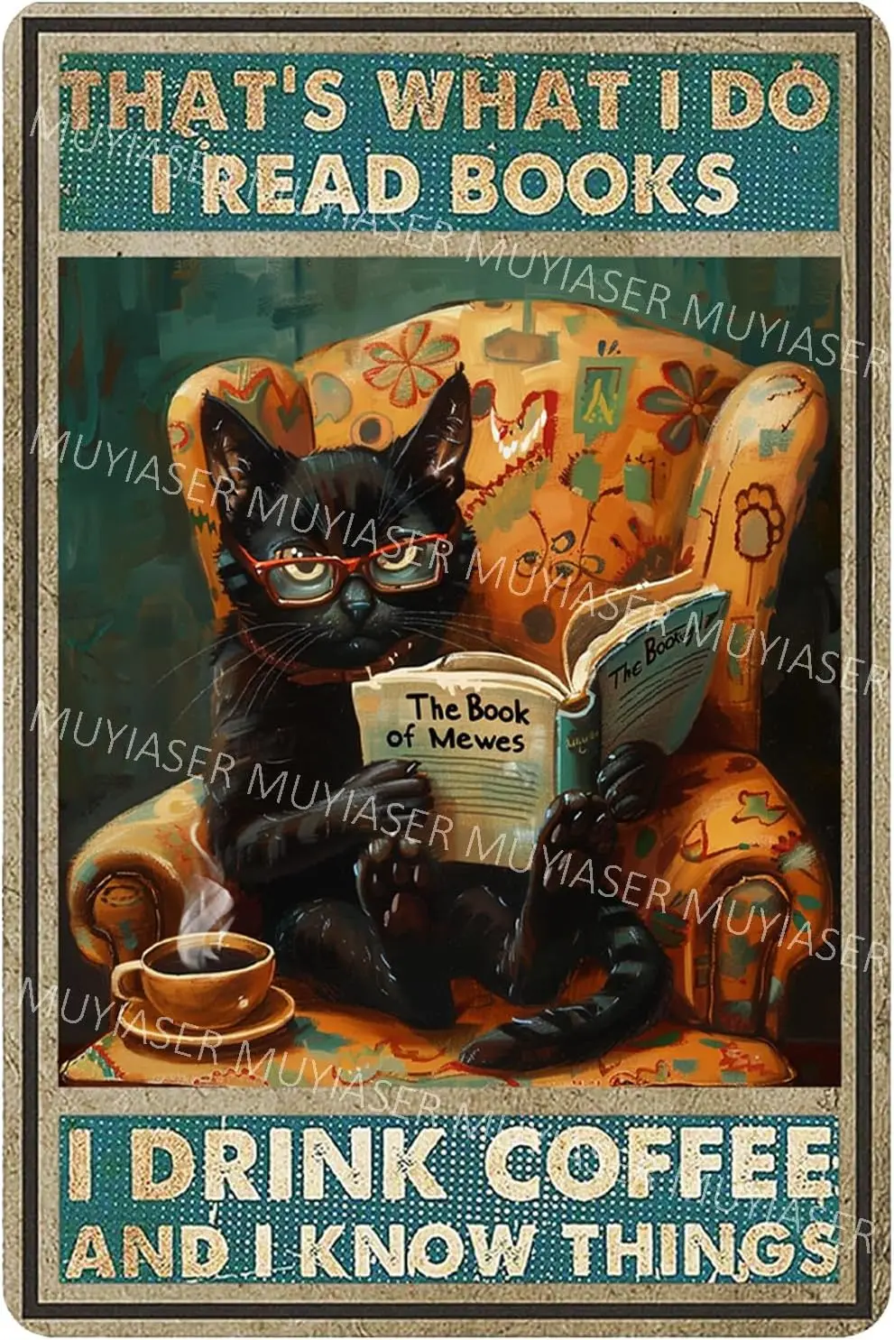 Metal Tin Sign Black Cat I Read Books Drink Coffee Vintage Signs Retro Aluminum for Room Garden Door Home Bar Cafe Decor