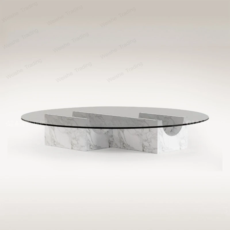 

Italian minimalist natural marble coffee table round designer light luxury living room tempered glass white high-end