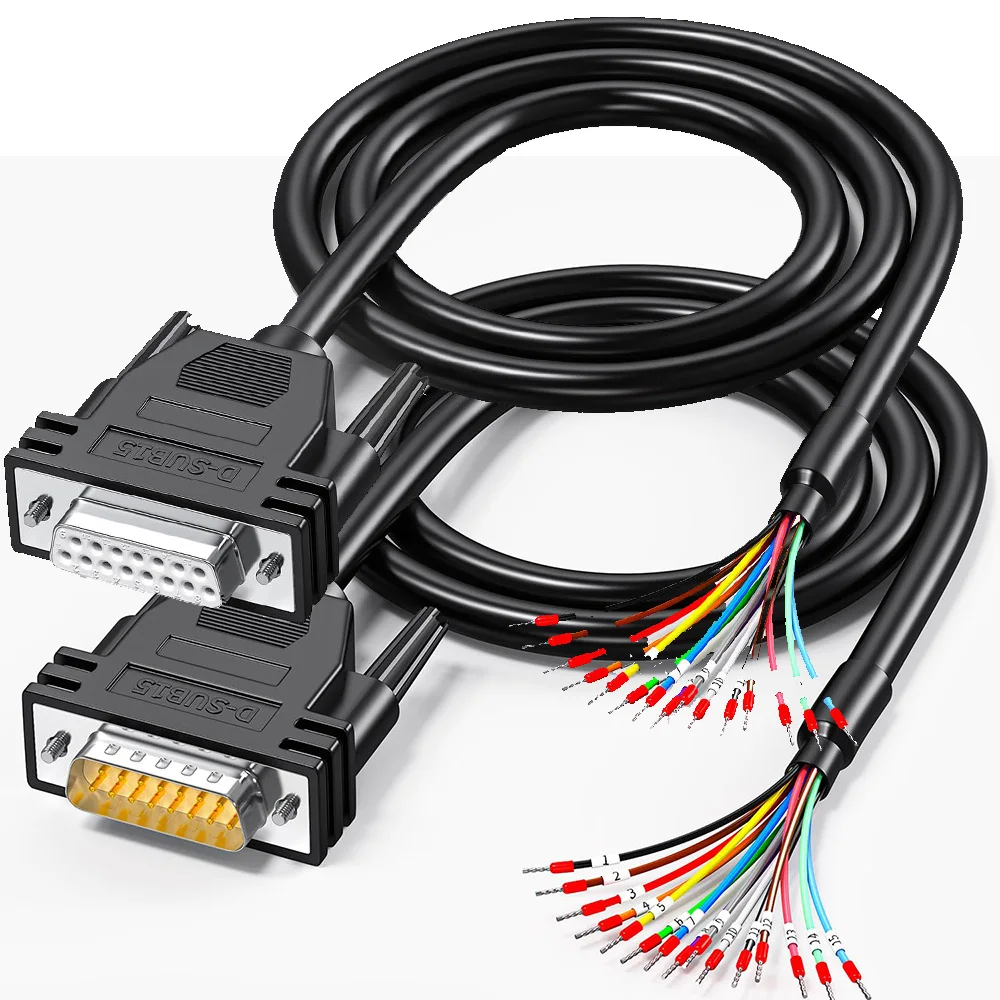 DB15 Male/Female to Bare Wire with Cable Marker, D-SUB 15-Pin Connector to Open End Wire Cable, 15-Wire All Provided with Wiring