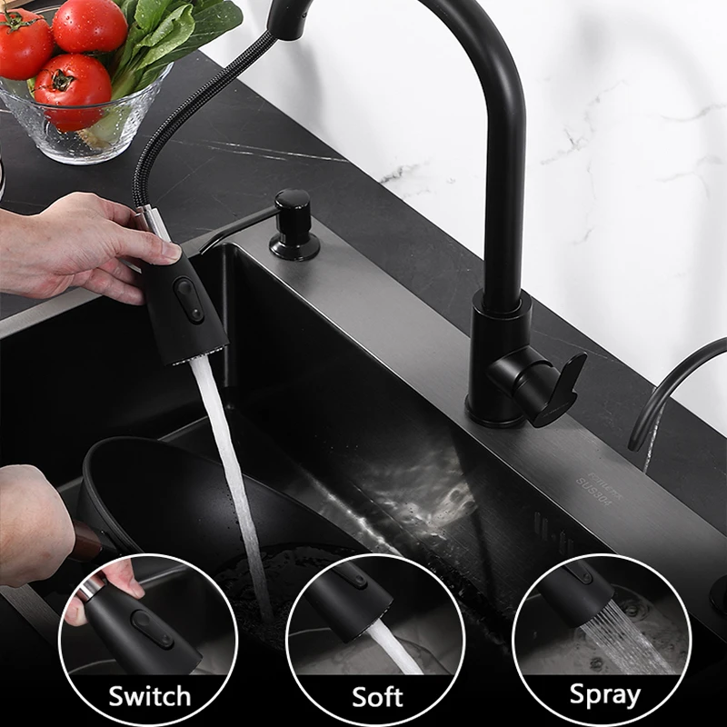 Pull-out Midnight Black Stainless Steel Kitchen Sink Faucet Single Hole Hot And Cold Water Mixer Deck Mounted Tap