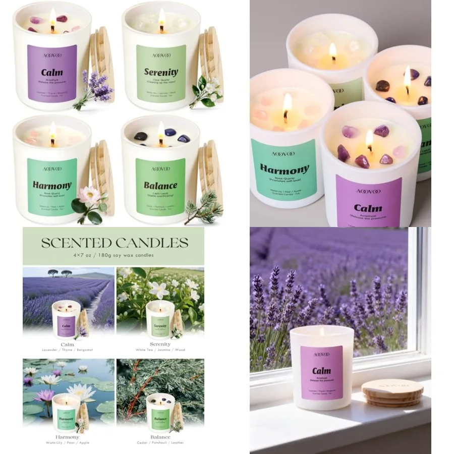 

Набор ароматических свечей для женщин - 4 штуки, 28 унций, 200 часов горения, ароматерапевтические свечи с кристаллами, лаванда.