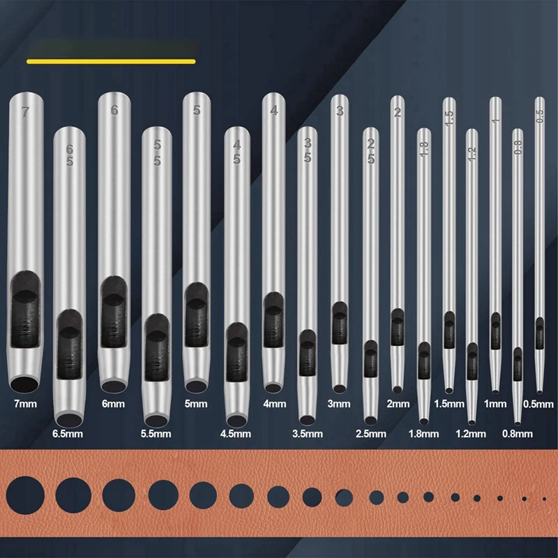 17 Piece Round Leather Hole Punch Tool 0.5-7Mm As Shown Metal Hollow Hole Punching For Leather Craft Punch Tools Set