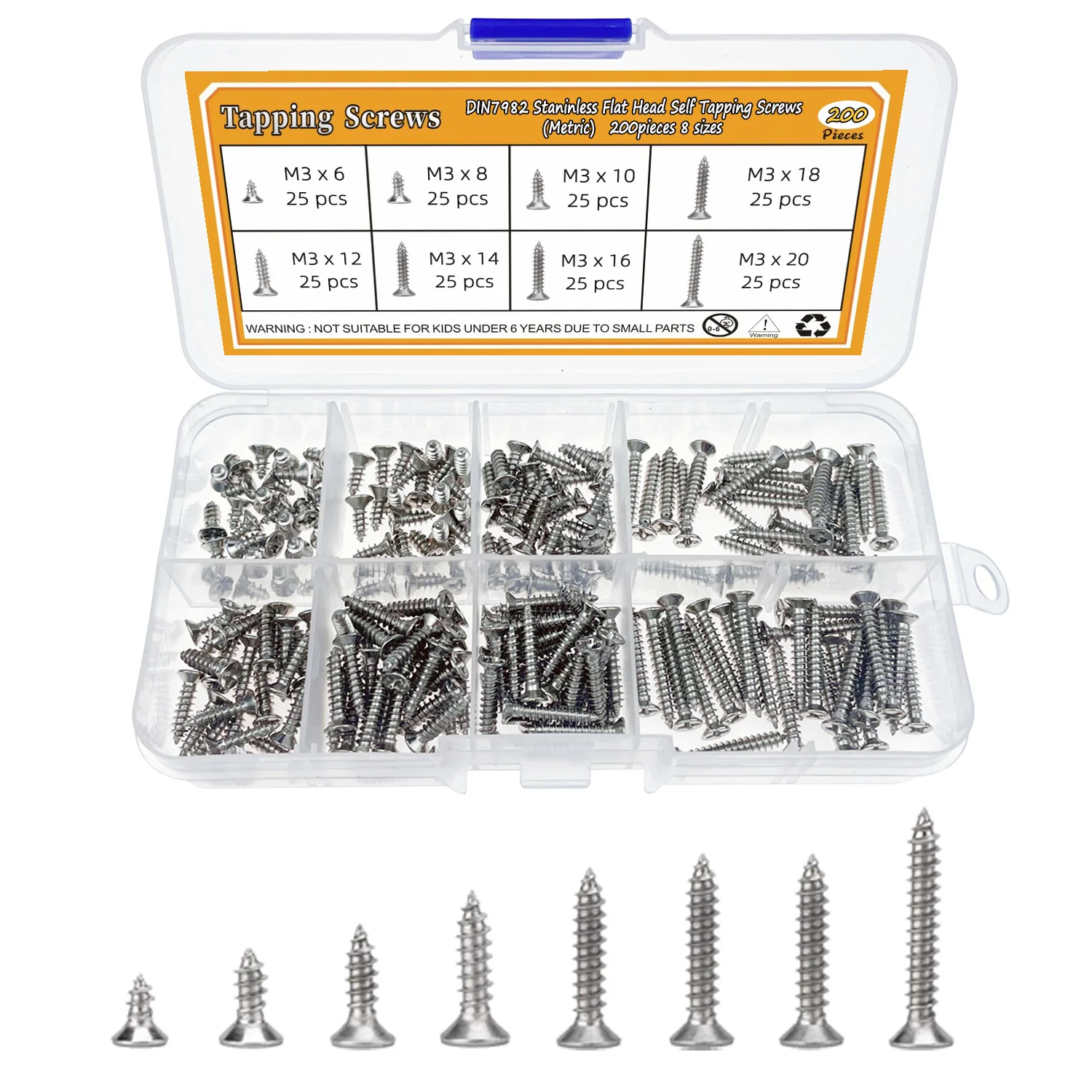 M3 Screws Phillips Flat Head Tapping Screws, 200PCS 6mm-20mm Stainless Steel Countersunk Phillips Flat Head Wood Screws