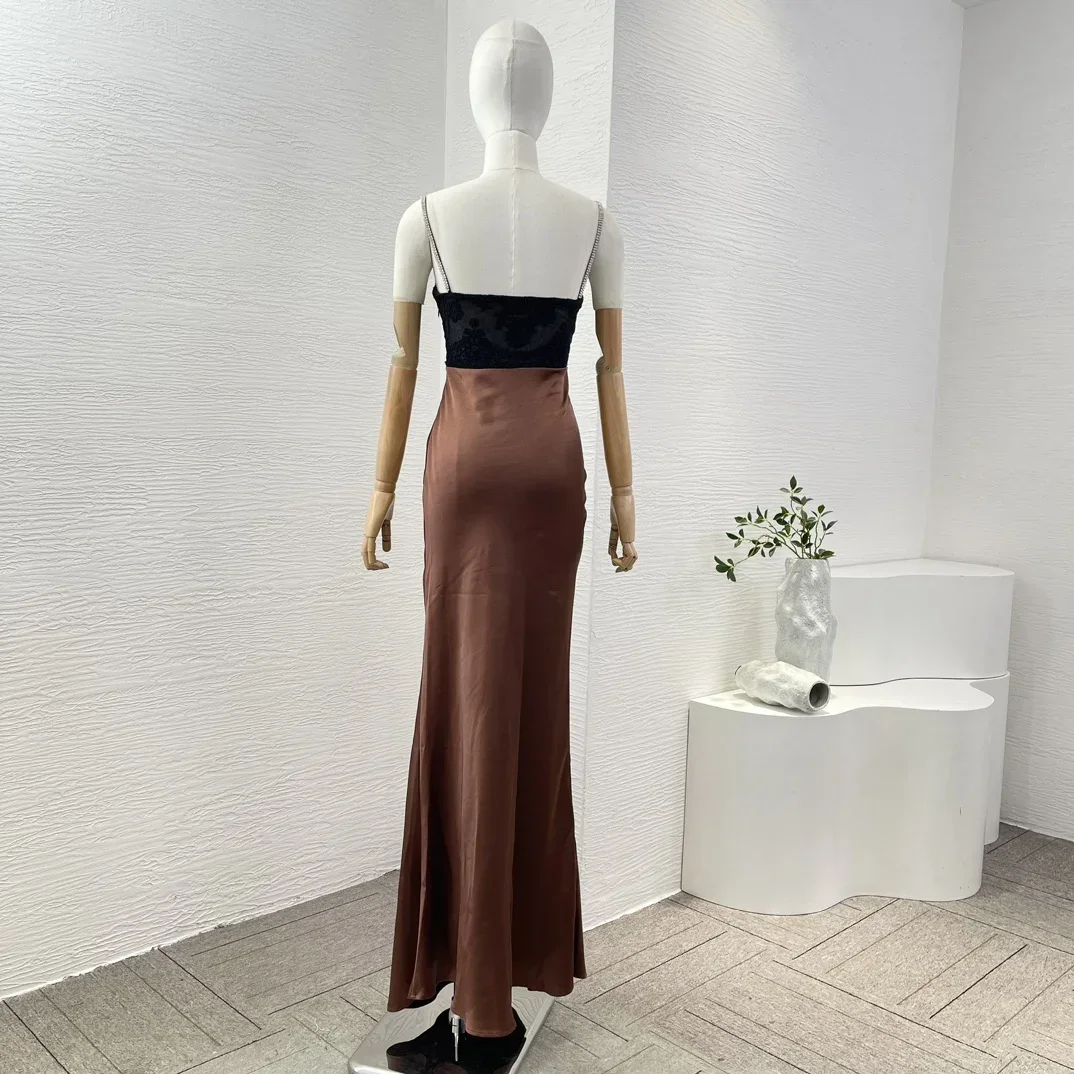 Women Brown Black Patchwork Sleeveless Side Zipper Closure Maxi Dress 2024 New Arrivals