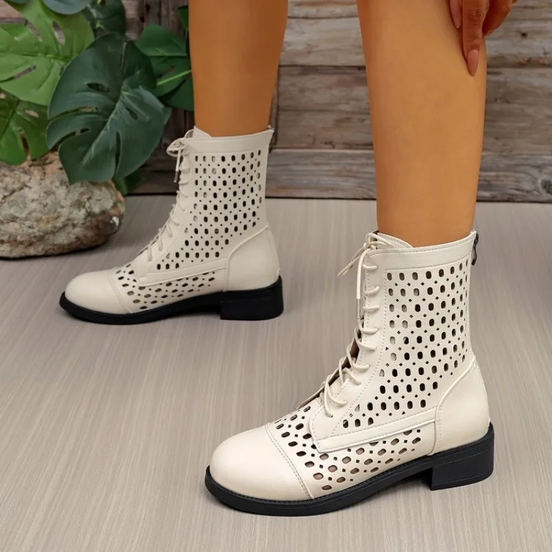 

Women's new spring/summer mid heel, plus size zipper, lace up, hollow hole, short boots, cool boots