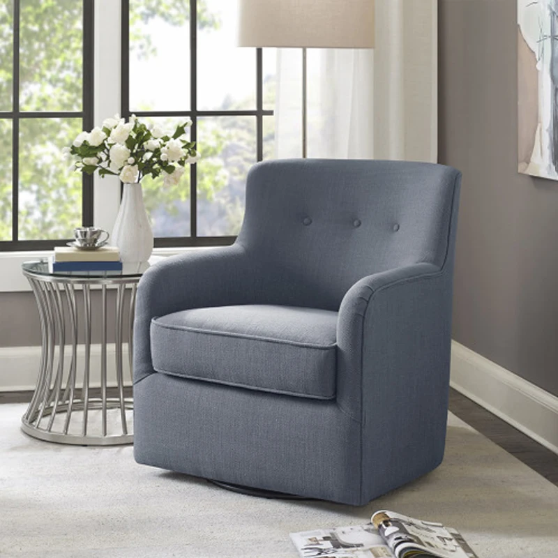 Adele Swivel Chair - Blue Fabric, Round Arms, Button Tufted Back, 360° Metal Swivel Base, Loose Seat for Soft Comfort